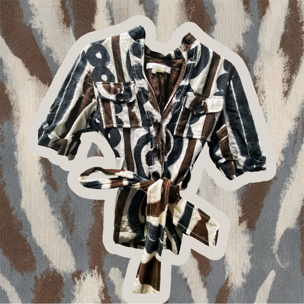 ZARA BASIC Printed Linen Tie Waist Shirt – Brown / Cream / Black – Size S